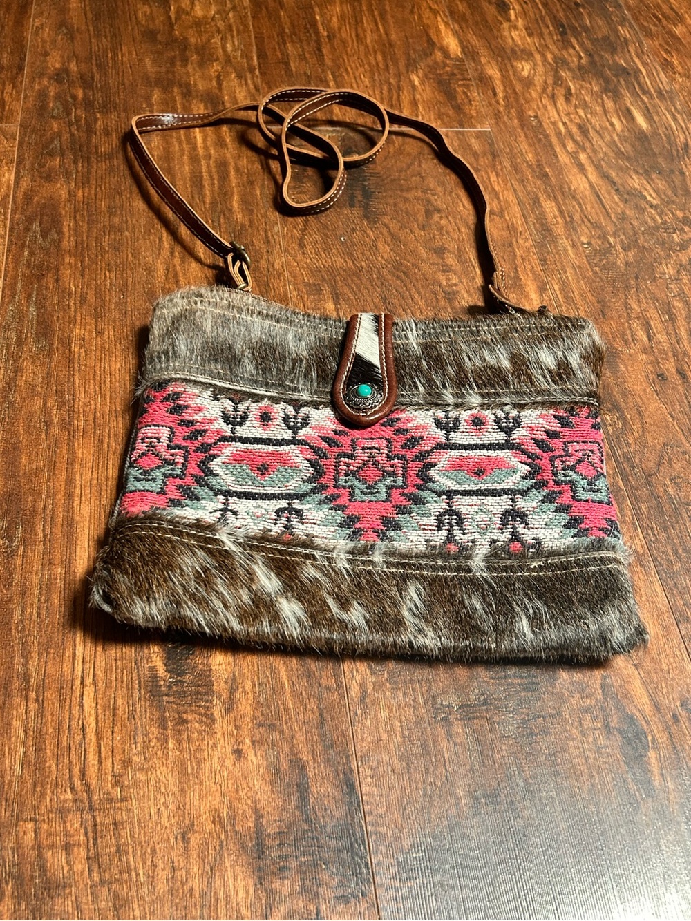 Myra Bag Brown Hair-On Hide Crossbody with Pink and Turquoise Aztec Panel